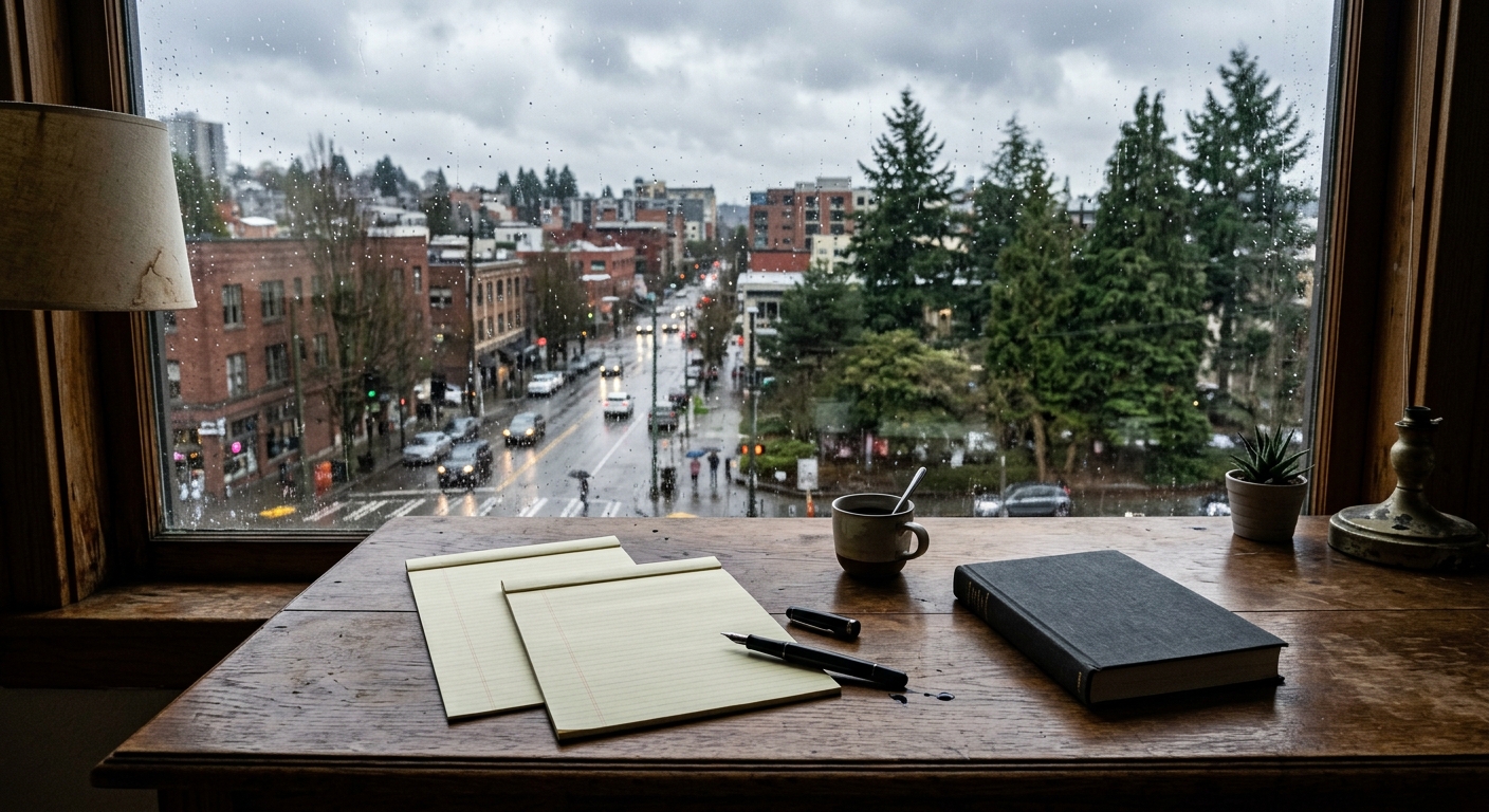 a quiet wooden desk with scattered blank legal pads, an uncapped fountain pen, and a closed hardcover book, positioned near a rain-streaked window overlooking a