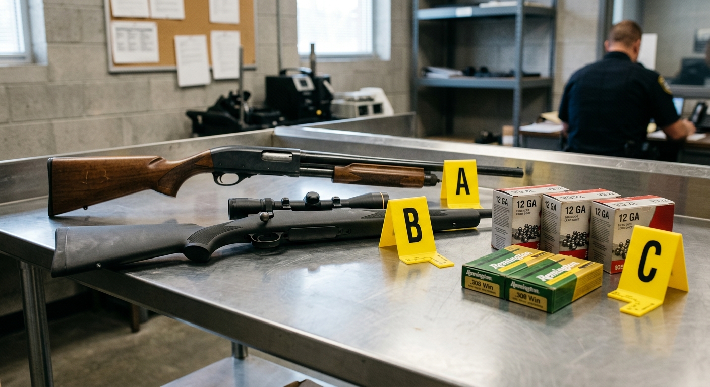a shotgun, a hunting rifle, and several cardboard boxes of ammunition laid out on a stainless steel evidence table next to yellow plastic evidence markers in a
