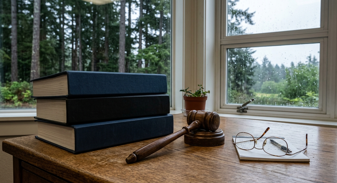 thick legal binders, an antique wooden gavel, and a pair of reading glasses resting on a heavy oak desk in a quiet government office, with rain against a nearby