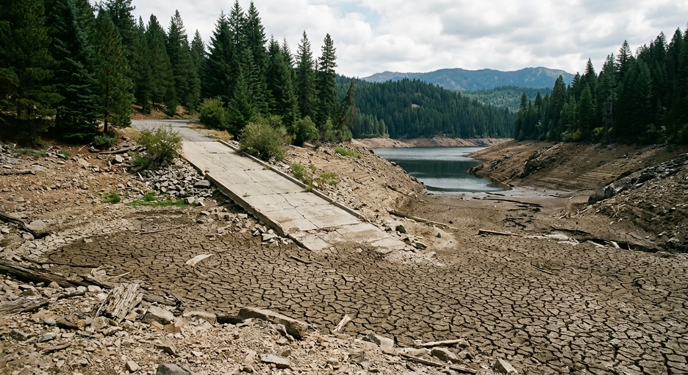 a partially dried-up lake reservoir with a severely receding waterline exposing cracked earth and rocks, surrounded by dense evergreen trees, with an exposed co