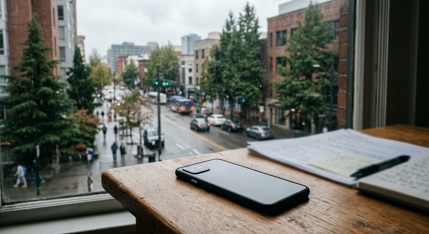 a close-up of a modern smartphone resting on a wooden desk next to out-of-focus paper documents, with a window in the background showing a cloudy Pacific Northw