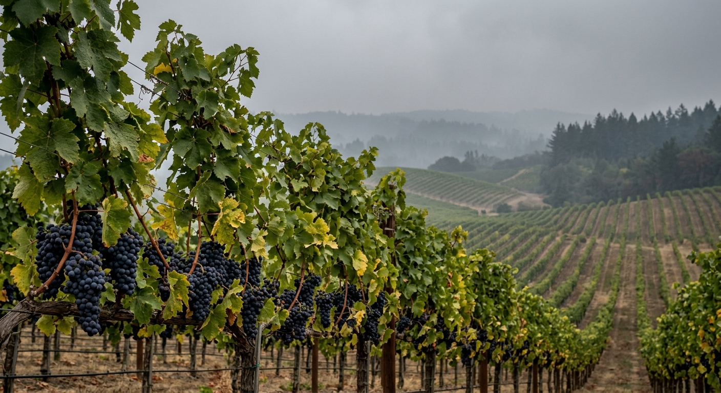 rows of grapevines in a rolling valley vineyard under a thick, hazy grey sky from distant smoke, featuring a close view of grape clusters hanging on the vines w