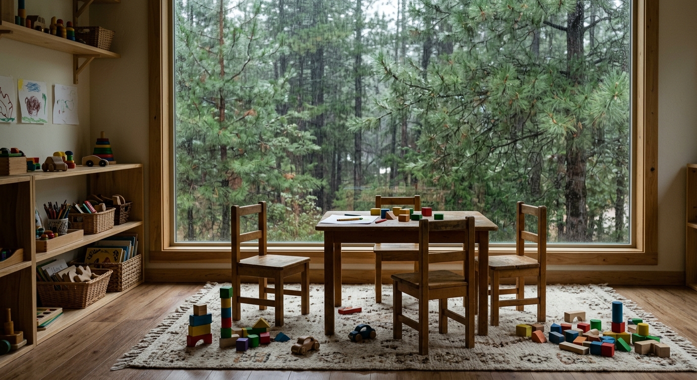 a quiet, empty daycare room with small wooden chairs around a low table, scattered building blocks on a rug, and a large window looking out at rainy pine trees,