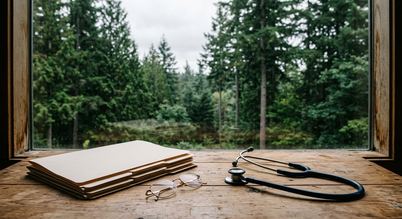 a stethoscope, a pair of wire-rimmed reading glasses, and a stack of blank medical folders resting on a cedar wood desk near a window overlooking tall evergreen