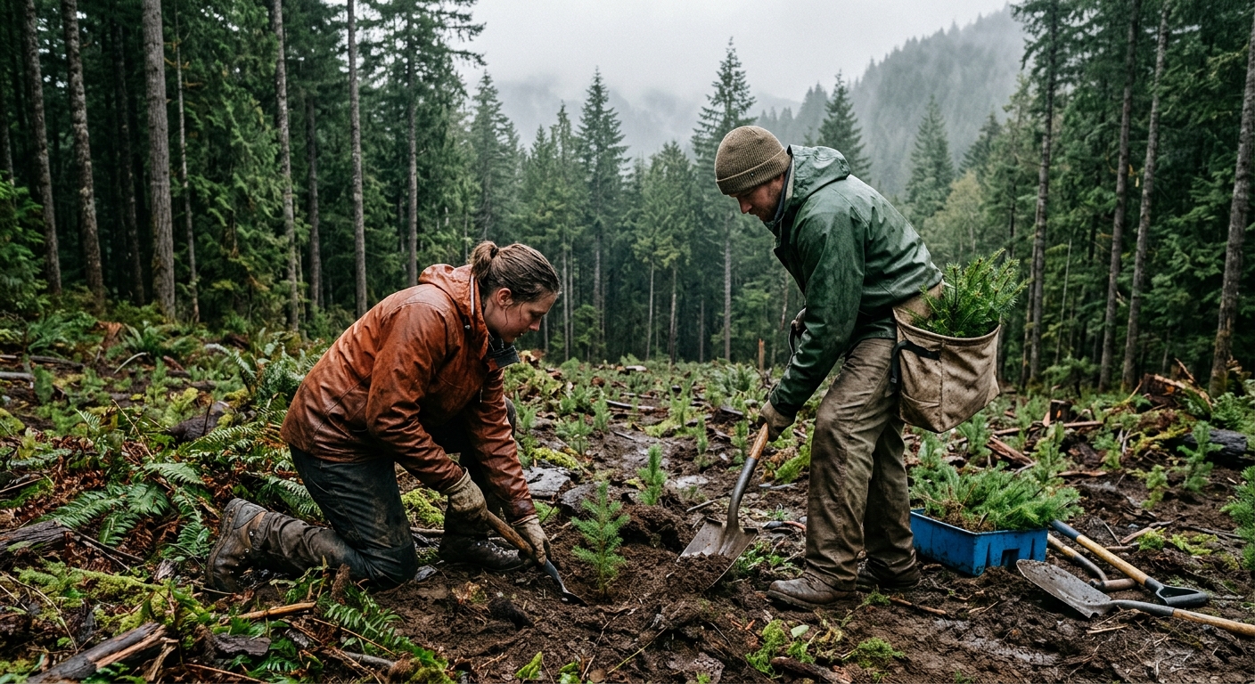 two forestry workers wearing rain jackets and muddy boots planting young pine saplings in a damp, overcast forest clearing surrounded by tall evergreen trees in