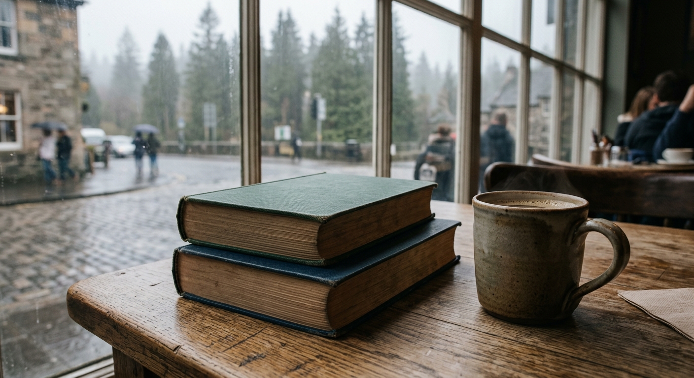 two thick hardcover novels resting on a wooden cafe table beside a warm ceramic mug, with an out-of-focus window in the background showing a misty street and ta