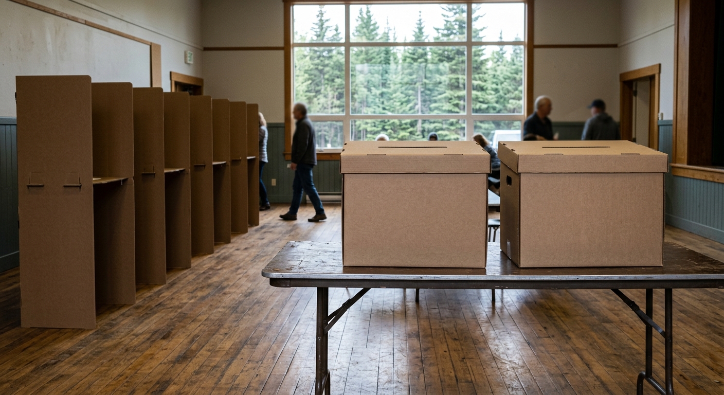 two plain cardboard ballot boxes sitting side-by-side on a folding table in a local community centre with wooden floors and evergreen trees visible through the