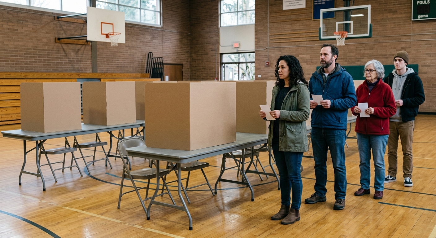 several blank, plain cardboard voting privacy screens arranged on folding tables inside a Pacific Northwest community center gymnasium, with a few citizens hold
