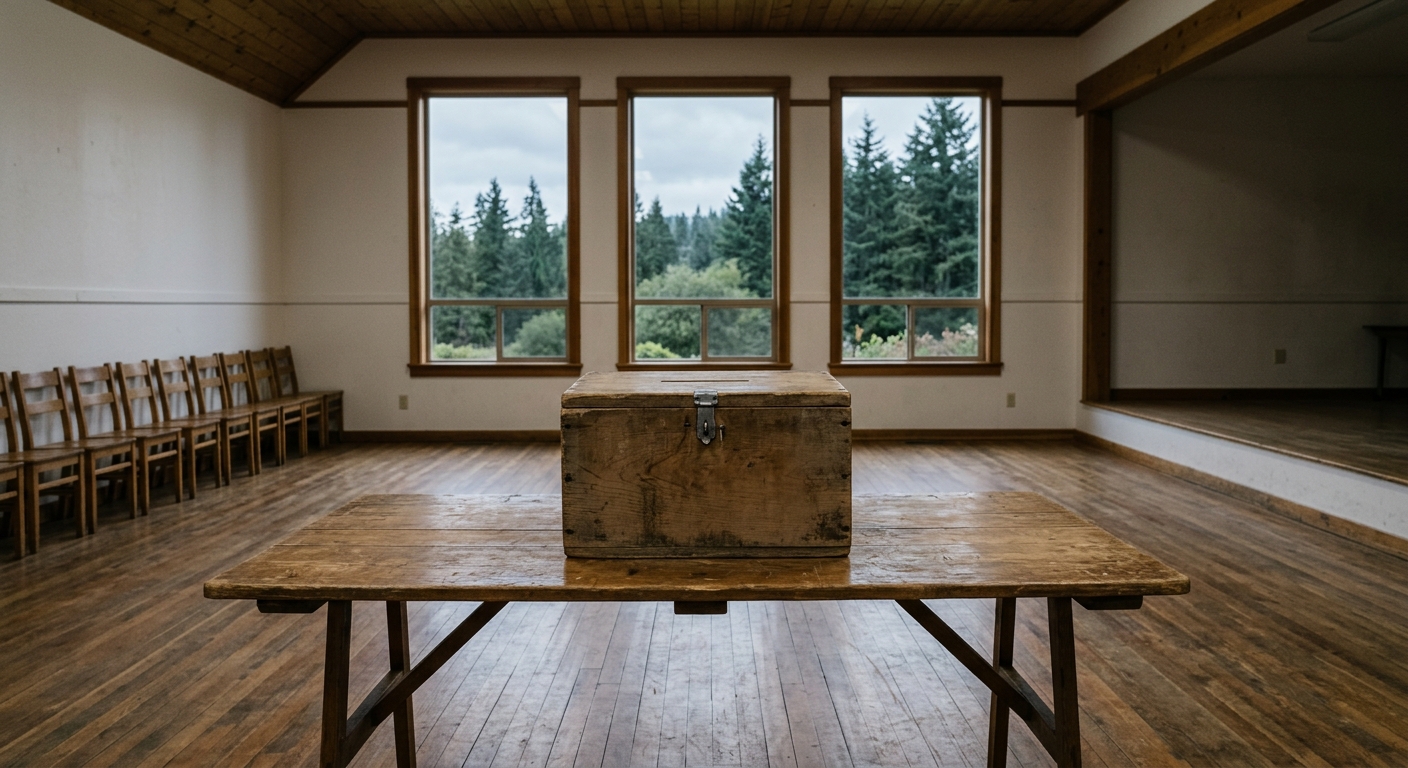 a simple wooden ballot box resting on a folding table inside an empty rural community hall, with tall windows showing evergreen trees and an overcast sky outsid