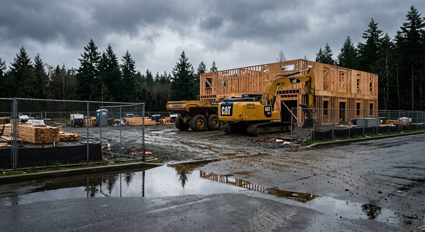 an idle construction site with heavy earth-moving machinery parked near partially finished wooden building framing and a chain-link fence, overcast Pacific Nort