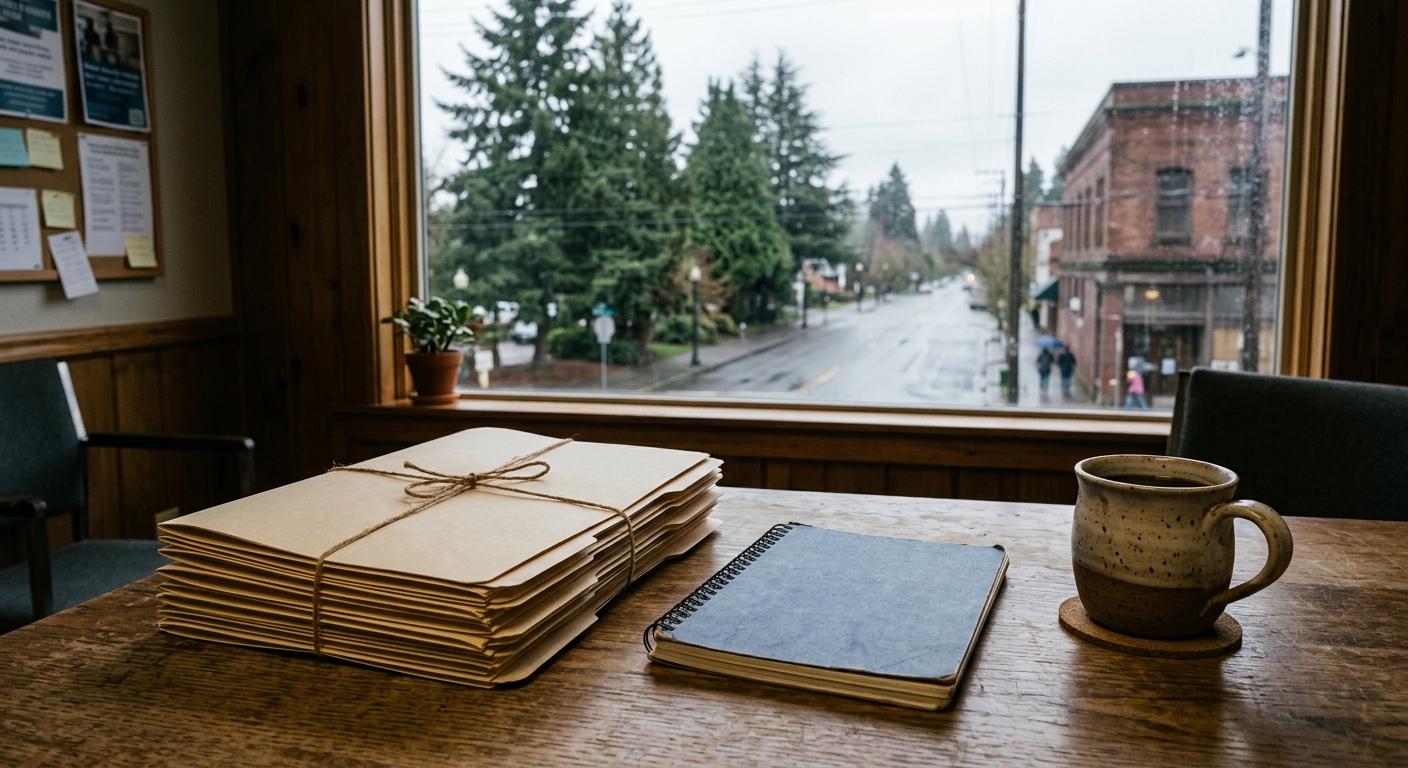 a stack of plain manila policy folders, a closed notebook, and a ceramic coffee mug on a wooden desk in a community campaign office, with a window in the backgr
