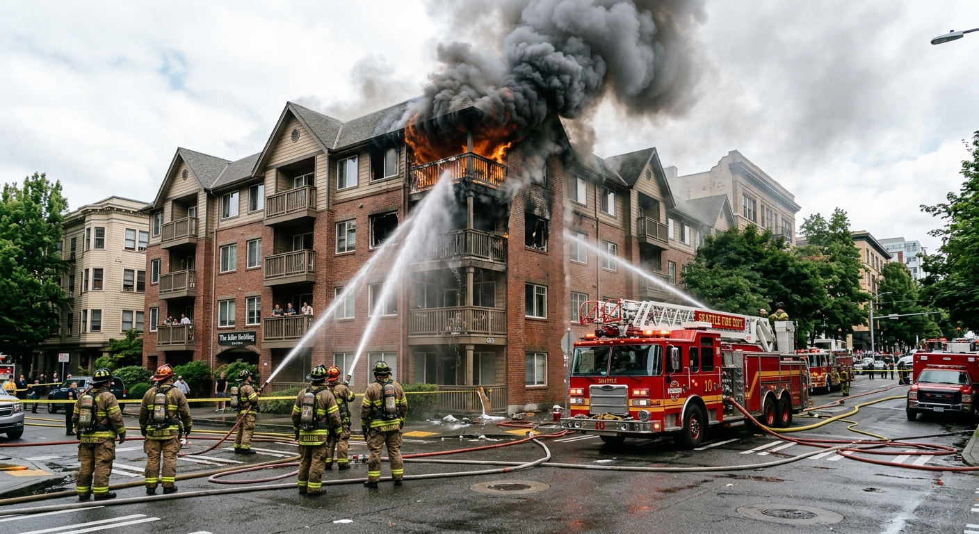 thick smoke billowing from the third-floor balcony of a multi-story urban apartment building, firefighters in heavy turnout gear standing on the street below di