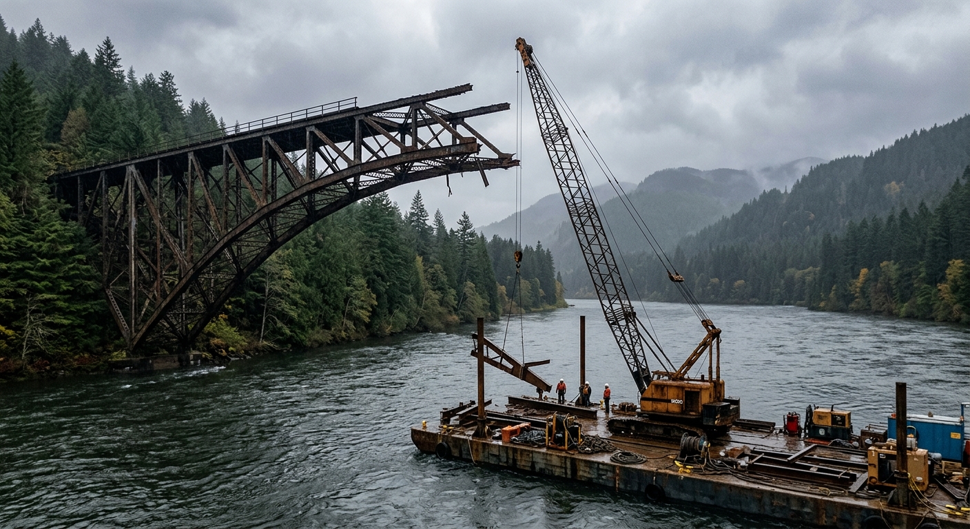 an old steel arch bridge undergoing demolition over a wide river, with a heavy construction crane parked on a barge next to partially dismantled metal beams, su