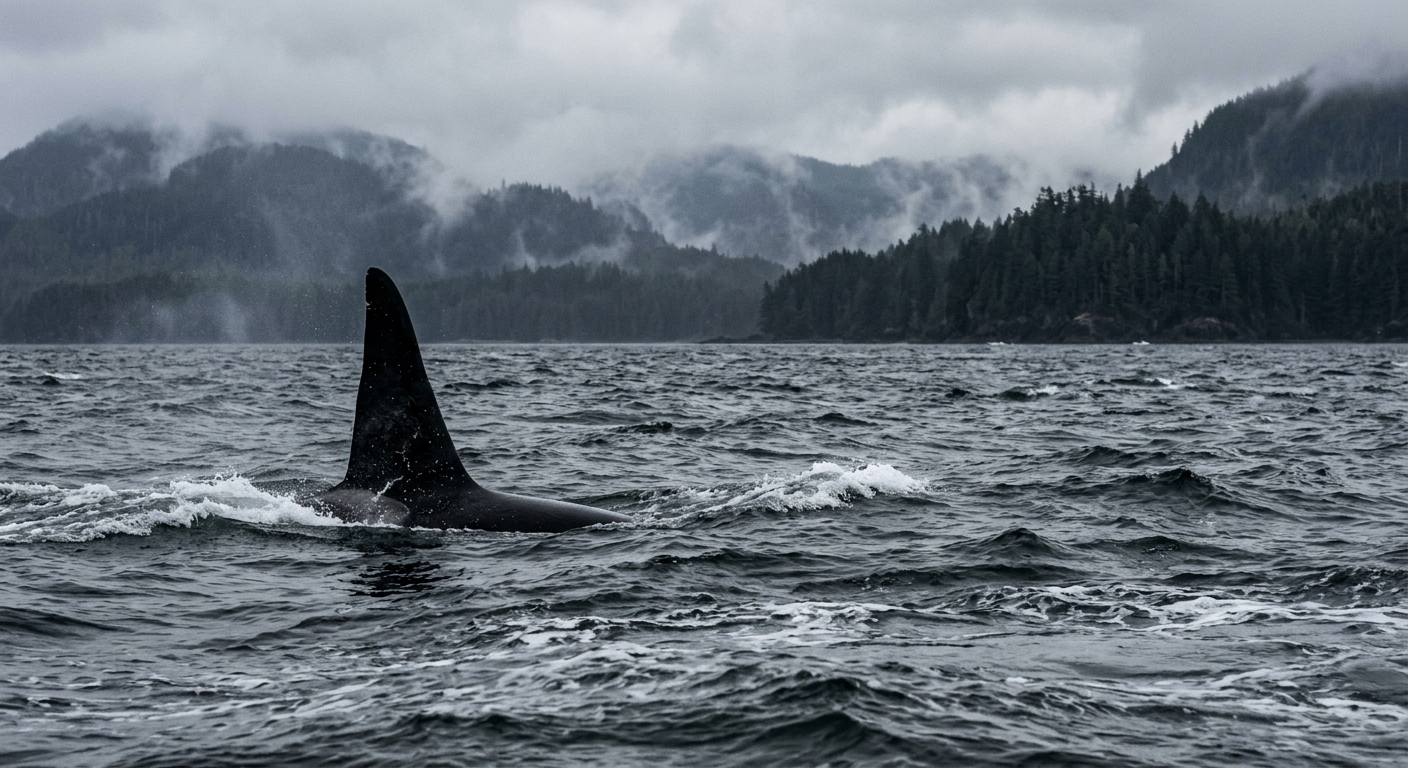 an orca's dorsal fin cutting through dark, choppy ocean water, with misty pine-covered hills in the distance, natural everyday lighting, shot on a DSLR camera,