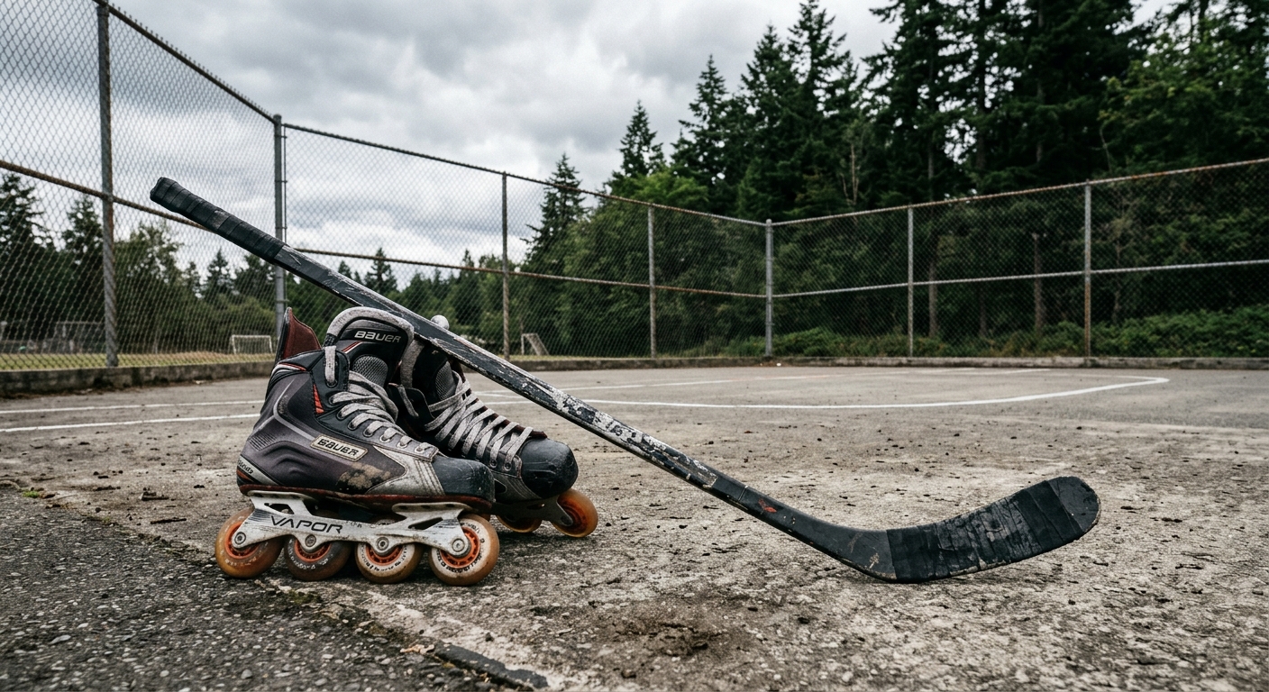 a pair of inline skates and a hockey stick resting on a weathered concrete surface at an empty outdoor sports court, surrounded by a chain-link fence and tall e