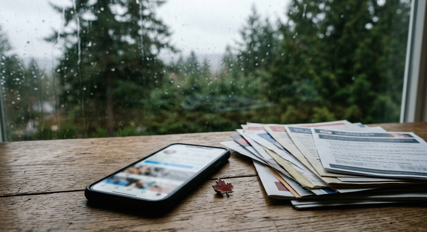 a smartphone resting on a wooden desk showing a blurred, unrecognizable social media feed, next to a stack of printed political campaign documents and a small b