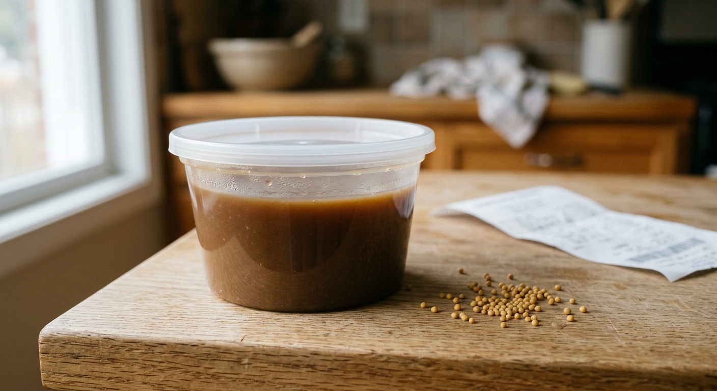 a blank, sealed plastic container of brown gravy sitting on a light wooden kitchen counter next to a few scattered yellow mustard seeds and a blurred grocery st