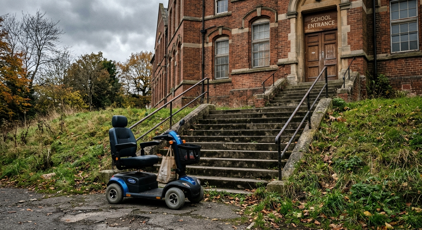 an empty electric mobility scooter parked at the bottom of a set of steep concrete stairs leading up to a brick public school entrance, surrounded by uneven gra