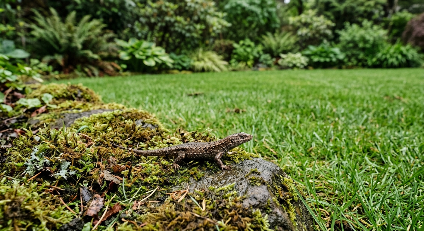 a small speckled brown lizard resting on a mossy stone at the edge of a closely cut green lawn in a damp Pacific Northwest residential yard, natural everyday li