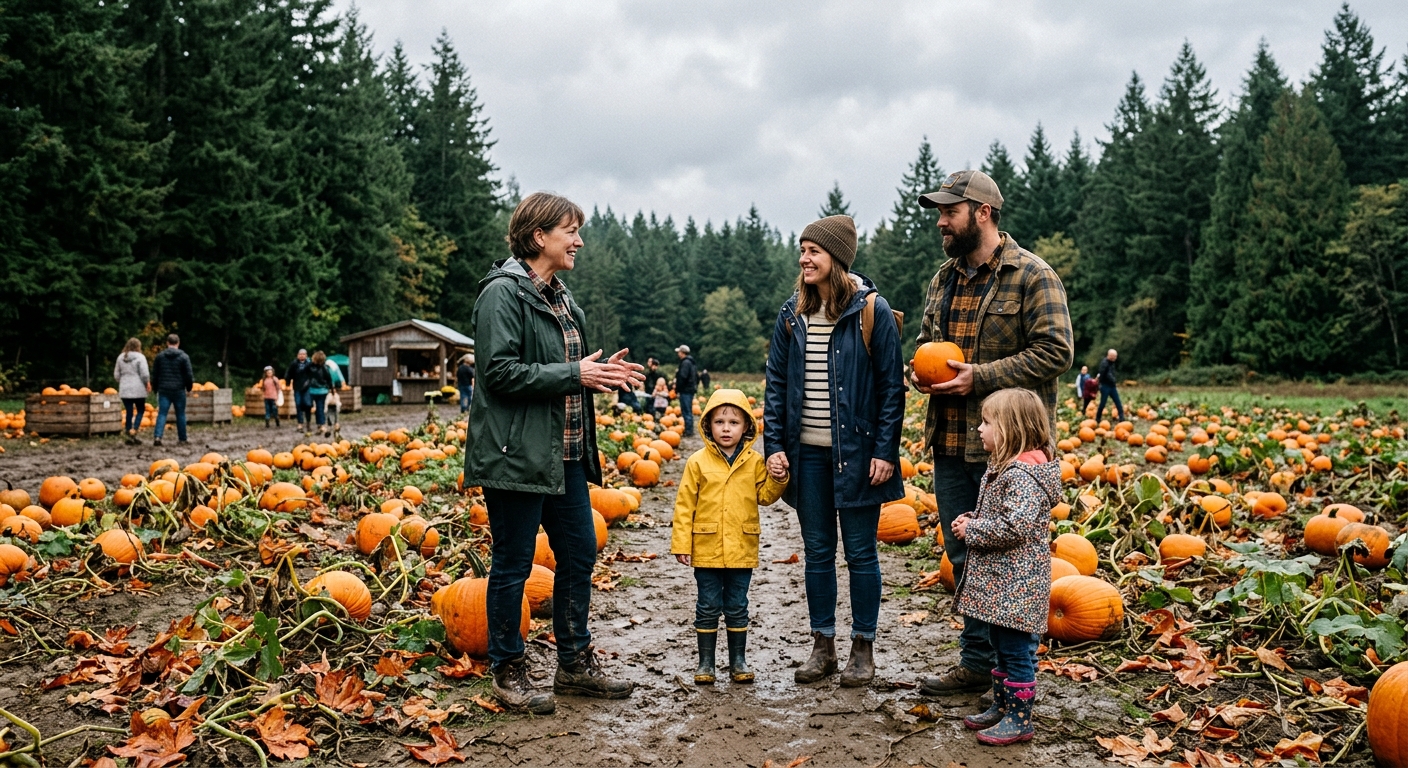 a casually dressed local official speaking with a family at a muddy pumpkin patch on an overcast autumn day in the Pacific Northwest, surrounded by evergreens a