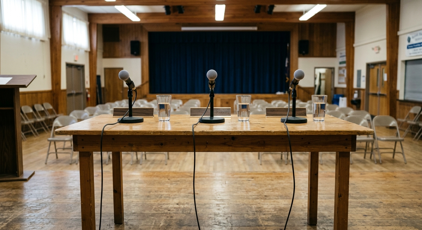 three microphones and glasses of water resting on a simple wooden table on a modest stage inside a Pacific Northwest community center hall, prepared for a local