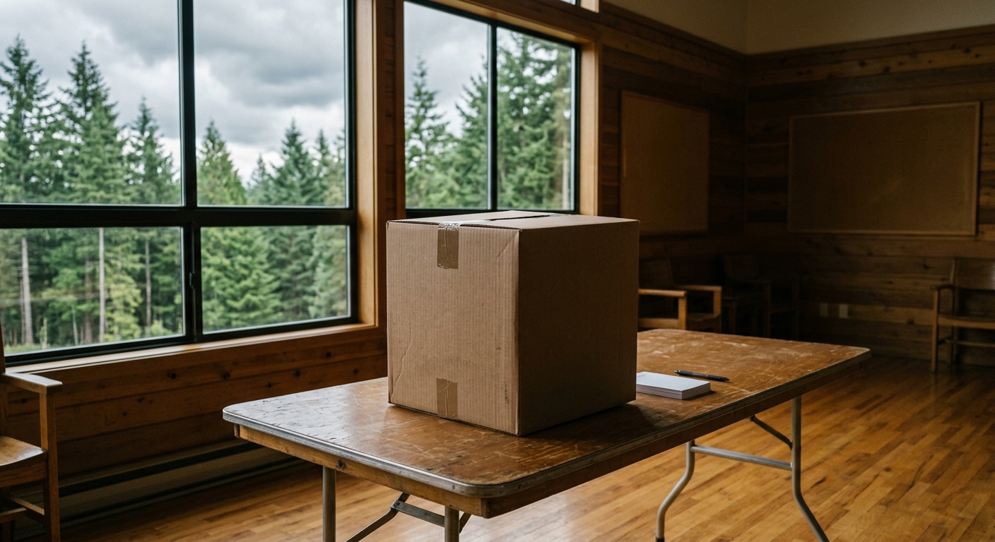a blank cardboard ballot box resting on a simple folding table inside a wood-paneled community center, with tall evergreen trees and a cloudy sky visible throug