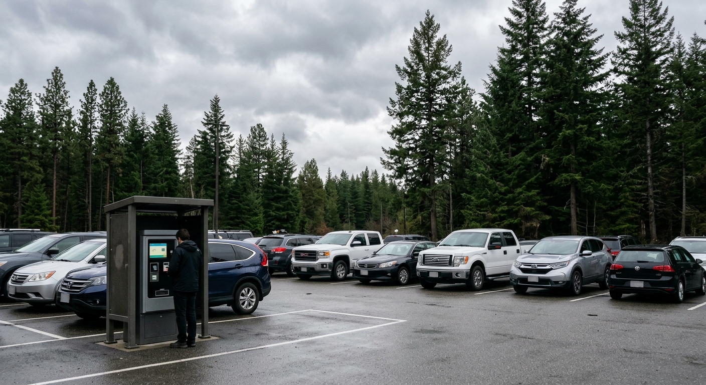 a row of parked vehicles in an outdoor airport parking lot with an automated payment kiosk in the foreground, surrounded by tall pine trees and overcast skies t