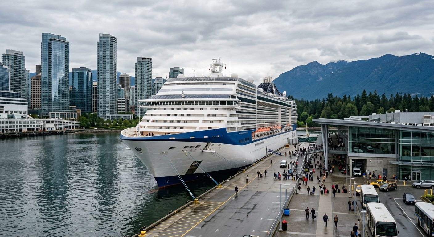 a large white cruise ship docked at a modern waterfront terminal, surrounded by glass skyscrapers and distant pine-covered mountains under a cloudy sky, natural