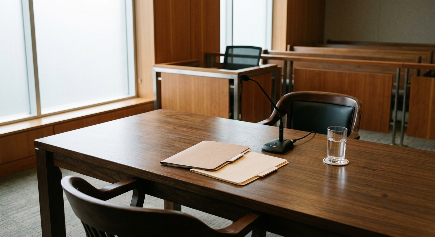 an empty wooden defense table inside a modern Pacific Northwest courtroom, featuring closed manila folders, a black microphone, and a glass of water, natural ev