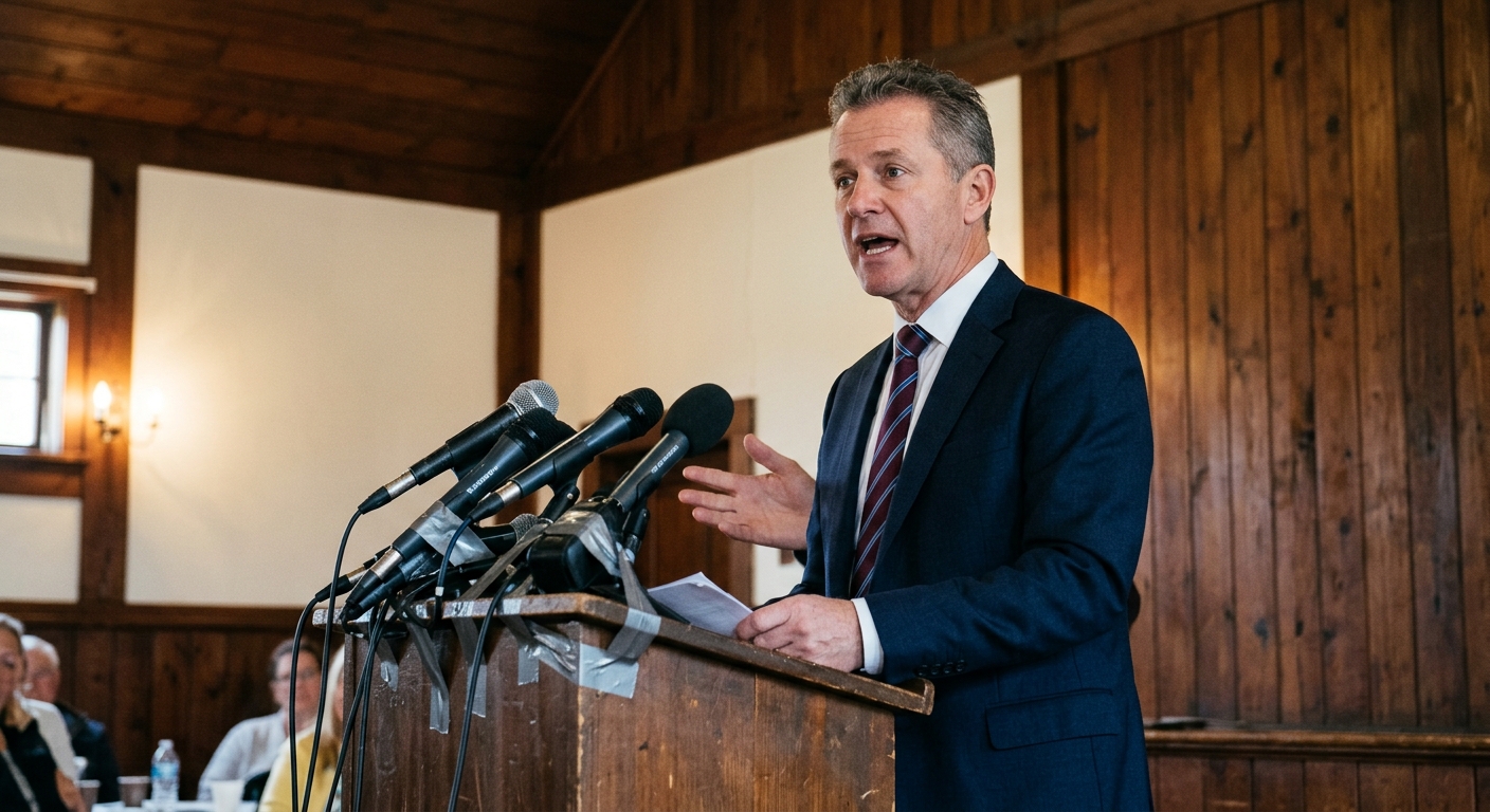 a middle-aged male politician in a dark suit speaking at a simple wooden podium in a local wood-paneled community hall, multiple microphones taped to the stand,