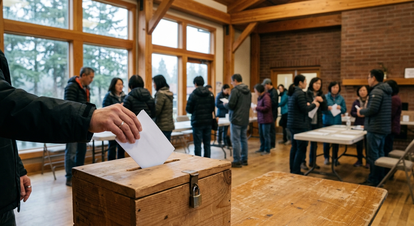 a person's hand placing a folded blank paper ballot into a simple wooden box inside a local community center, with a blurred diverse group of community members