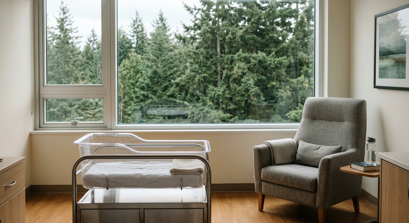 a quiet, modern hospital room featuring a comfortable upholstered armchair positioned next to a clear infant medical bassinet, with a large window looking out a