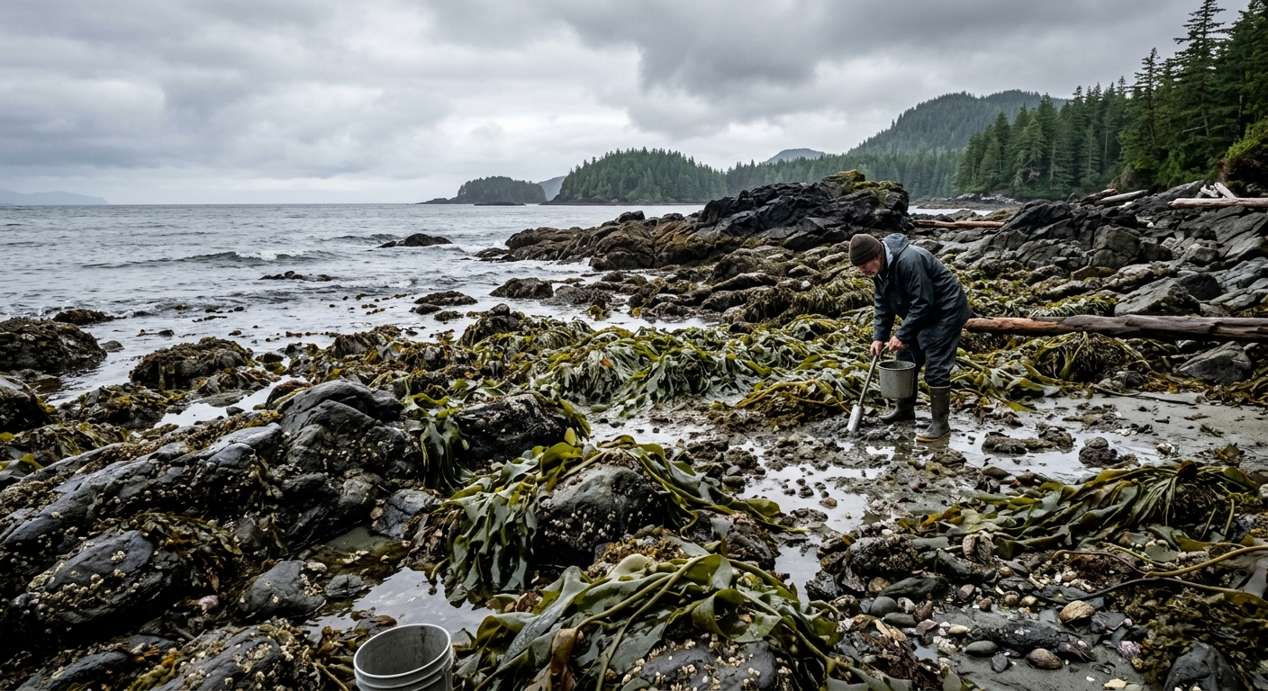 a rugged shoreline at low tide in the Pacific Northwest, showing exposed clam beds, dark wet rocks, and thick green kelp near the water's edge under a grey over