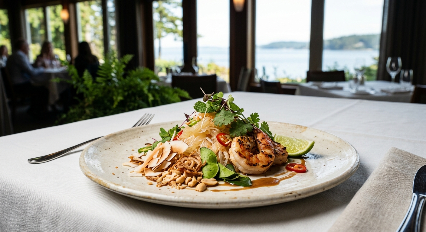 an intricately plated upscale Thai dish featuring delicate herbs and fresh ingredients on a ceramic plate resting on a crisp white tablecloth, with a softly blu