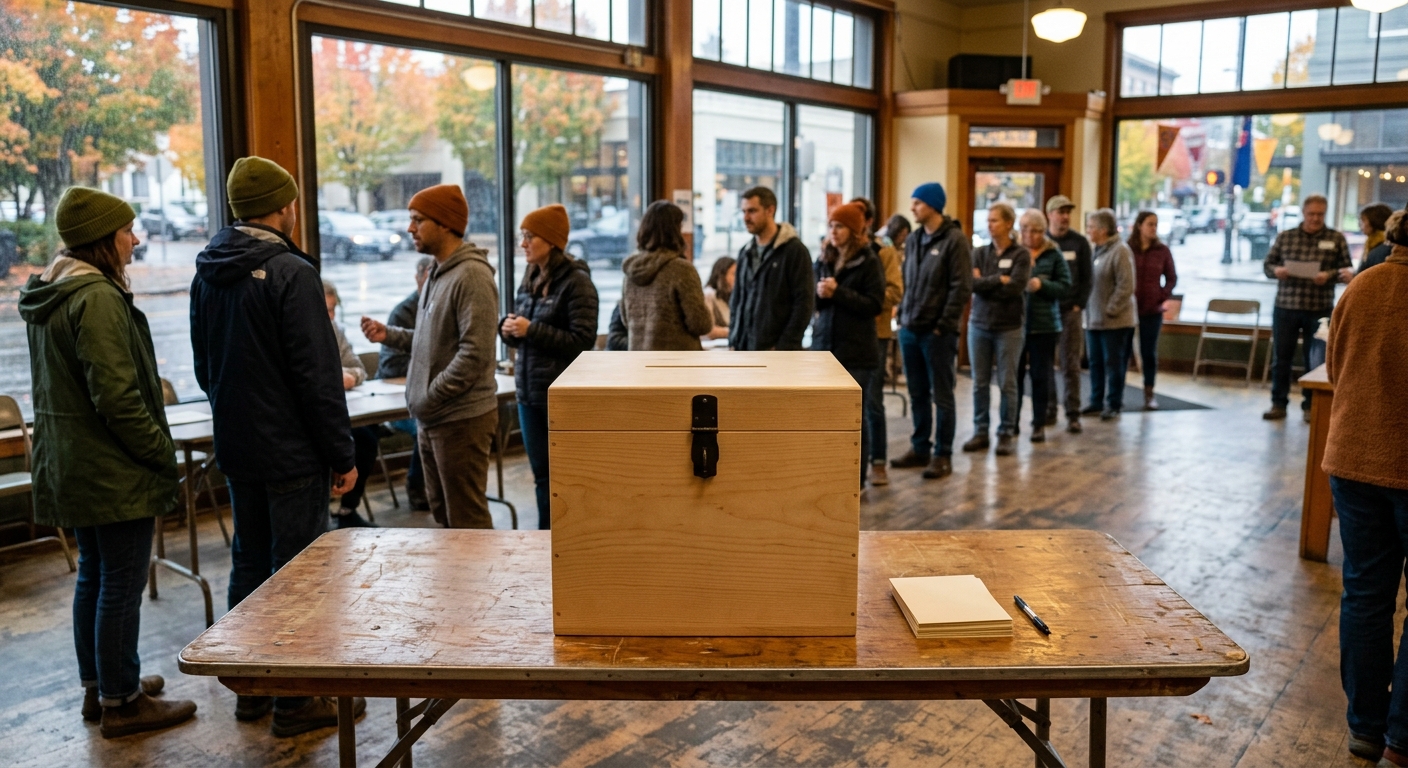 a blank voting box on a wooden folding table inside a community hall, with blurred citizens in autumn jackets standing in line in the background, Pacific Northw