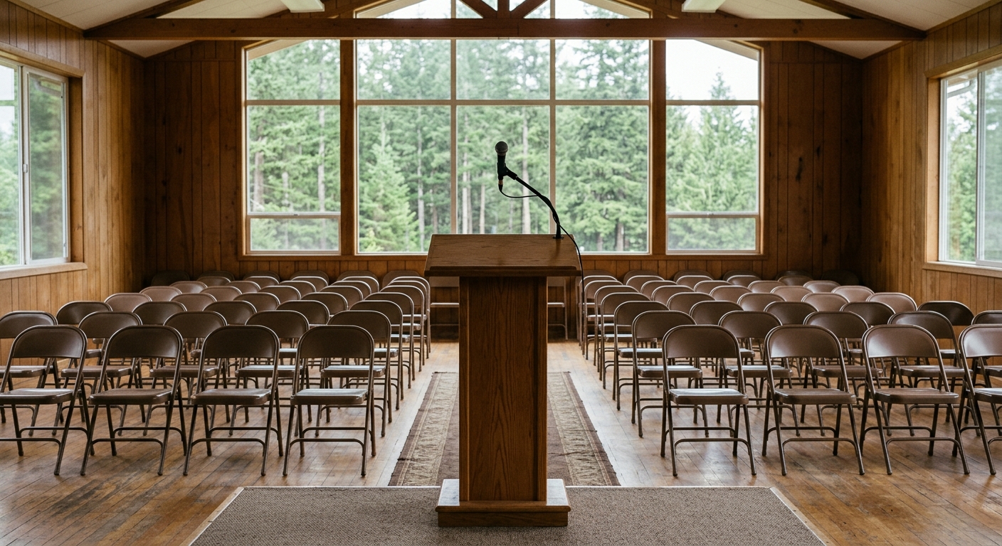 a simple wooden podium with a single microphone set up in a modest community hall with rows of empty folding chairs, wood-paneled walls, and large windows showi