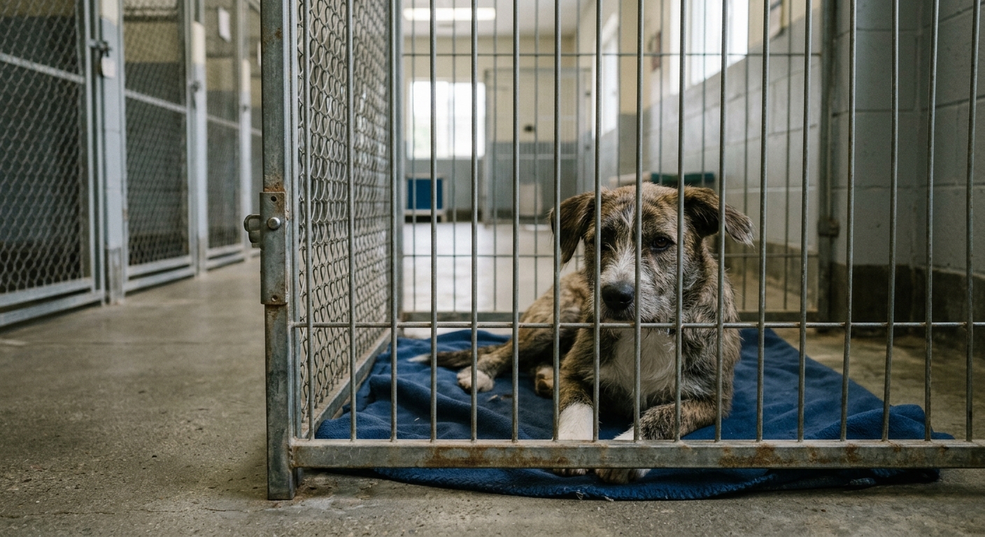 a medium-sized mixed-breed dog resting behind the metal fencing of an indoor animal shelter kennel, a simple blanket on the concrete floor, an empty quiet hallw