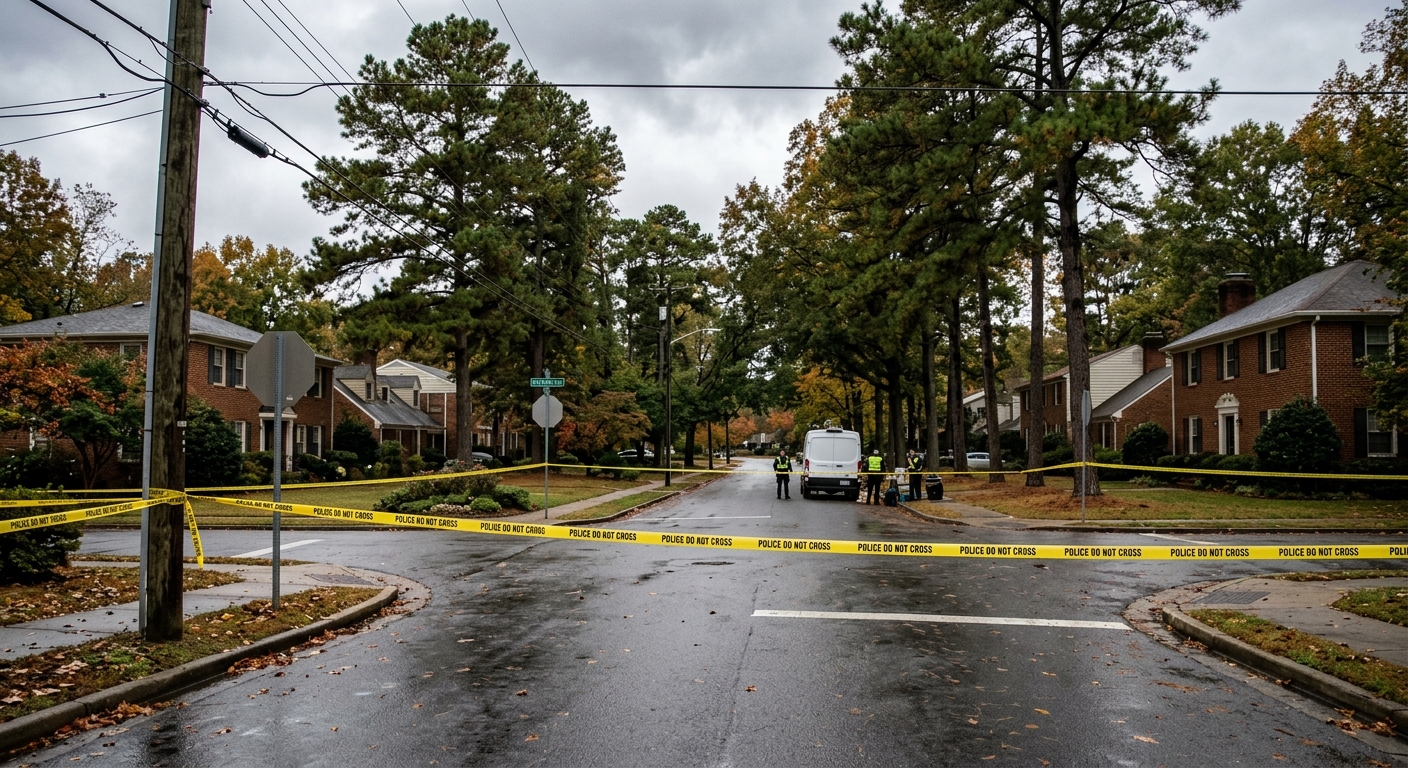 yellow police tape stretched across a suburban street corner lined with tall pine trees and an unmarked forensic van parked in the distance, depicting a blocked