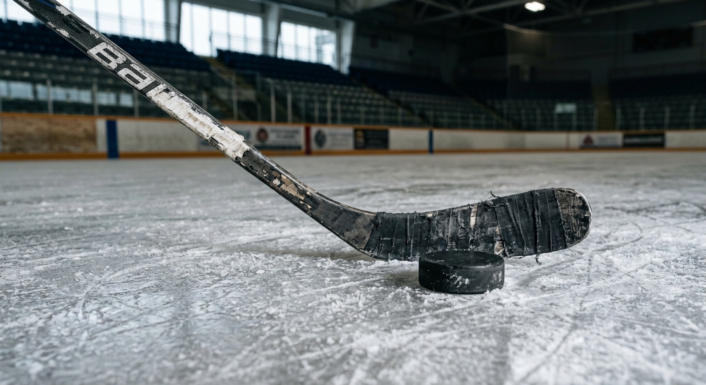 a well-worn professional hockey stick and a black puck resting on the deeply scratched ice surface of a local indoor ice rink in British Columbia, with a blurre