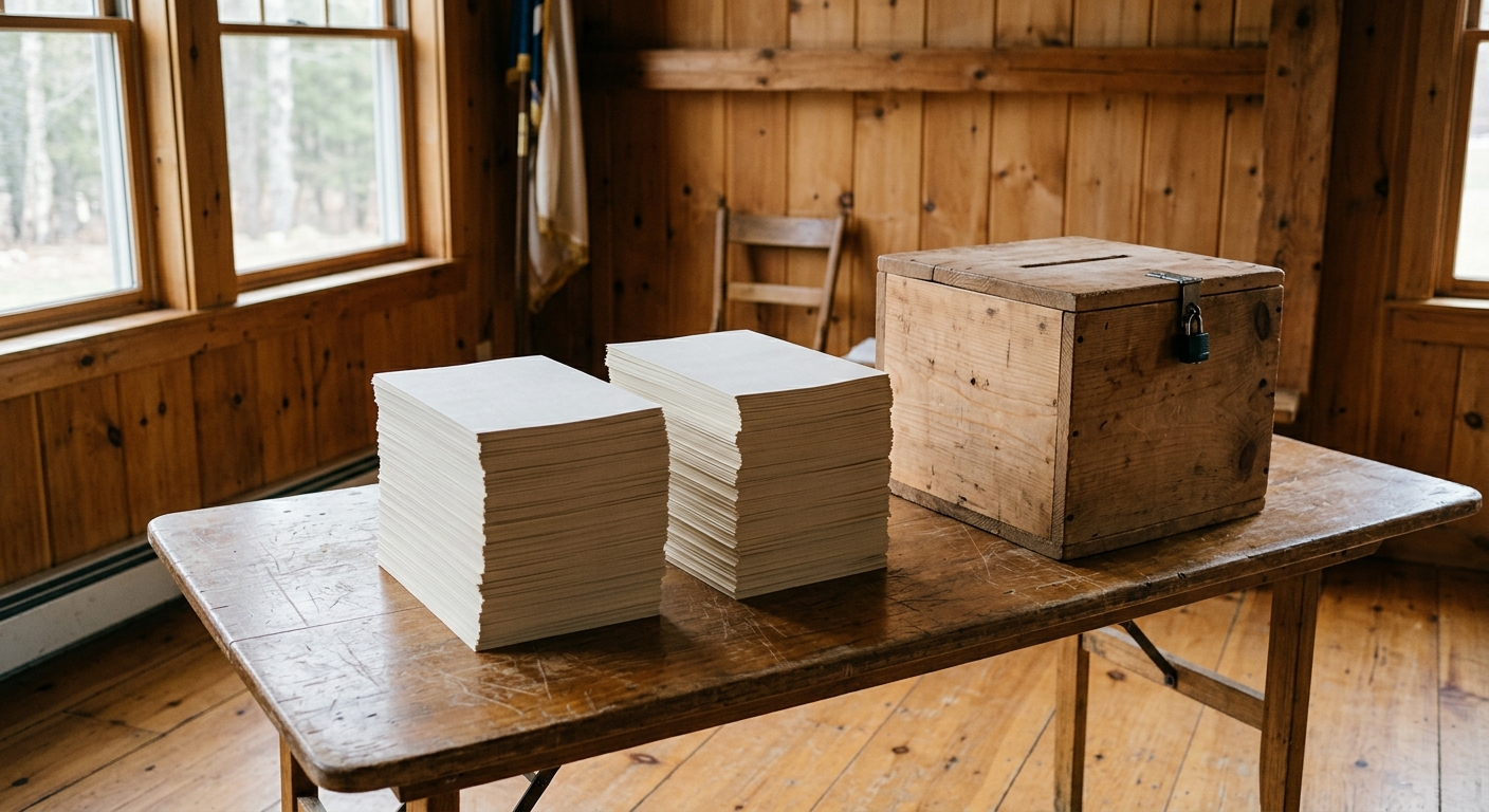 two equal stacks of blank paper ballots next to a simple voting box on a folding table inside a rustic community hall with pine wood walls, natural everyday lig