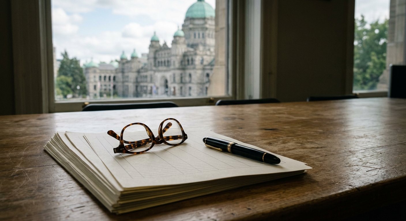 a pair of reading glasses resting on a stack of blank financial spreadsheets and a fountain pen on a large wooden conference table, with a softly blurred view o