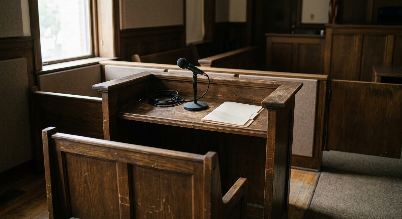 an empty wooden witness stand with a simple black microphone and a closed manila folder in a modest courtroom, natural everyday lighting, shot on a DSLR camera,