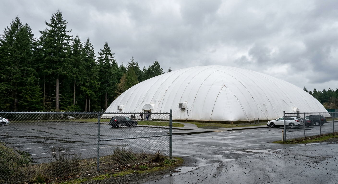 a large, white inflatable indoor tennis bubble structure situated near tall evergreen trees under an overcast coastal sky, with a chain-link fence and damp asph