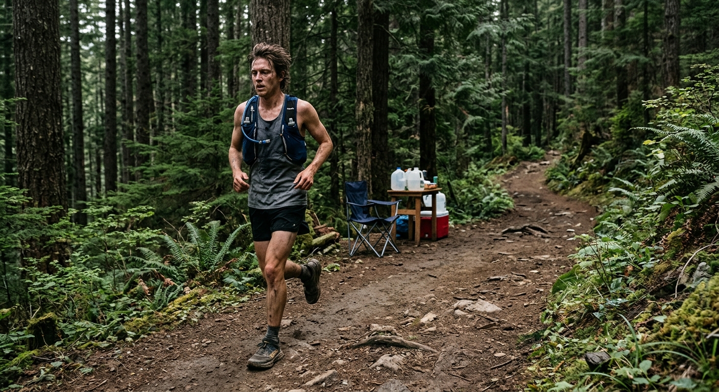 an exhausted endurance runner wearing a simple hydration vest jogging along a rugged dirt trail surrounded by tall pine trees and dense evergreen forest underbr