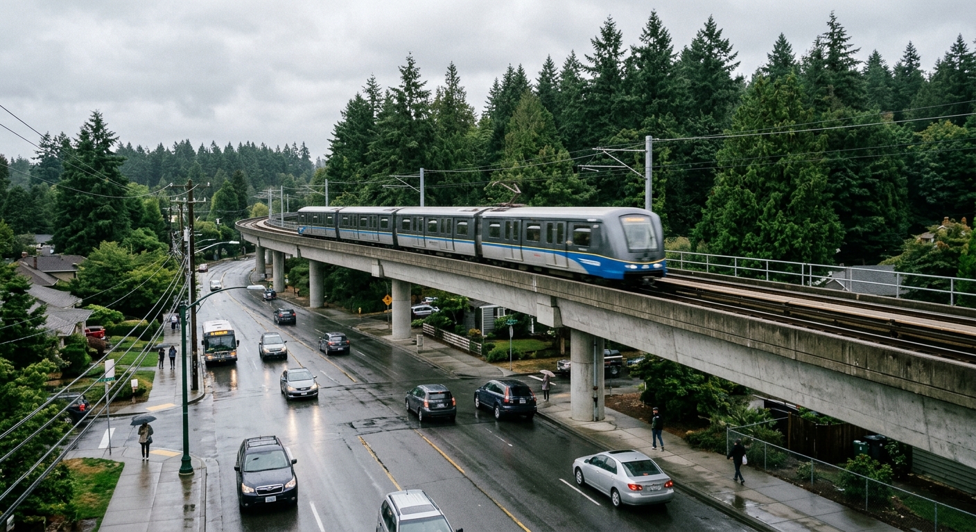 an elevated rapid transit commuter train moving along concrete tracks above a suburban street with wet pavement and evergreen trees in the background, natural e