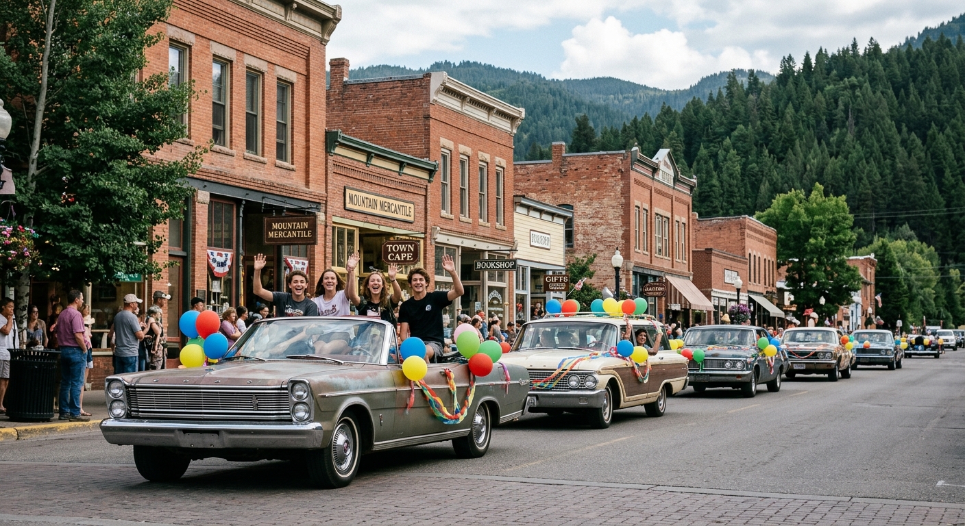 a line of cars adorned with balloons and paper streamers driving slowly down a historic main street in a small forested mountain town, teenagers waving from the