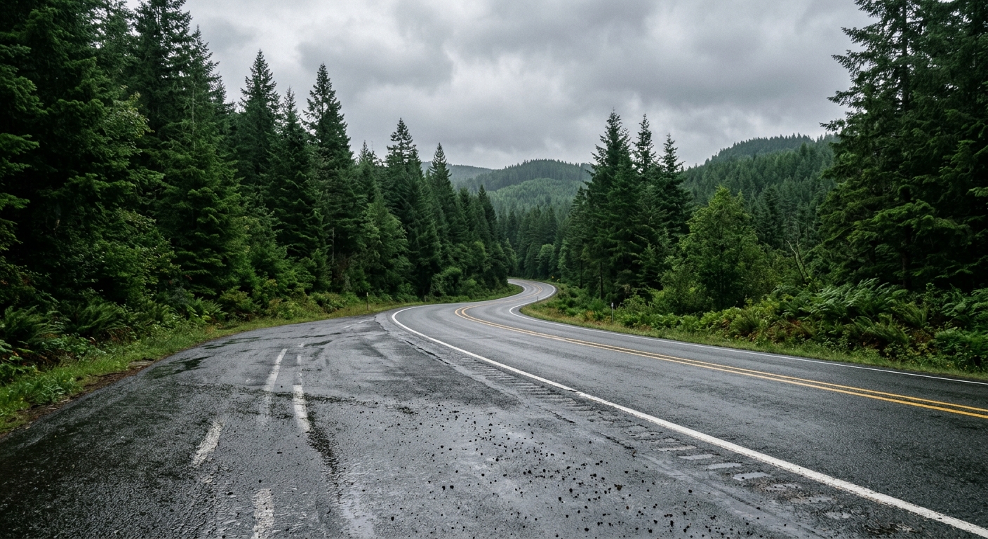 an empty, wet paved shoulder of a remote two-lane highway surrounded by tall evergreen trees under a grey, overcast sky, natural everyday lighting, shot on a DS