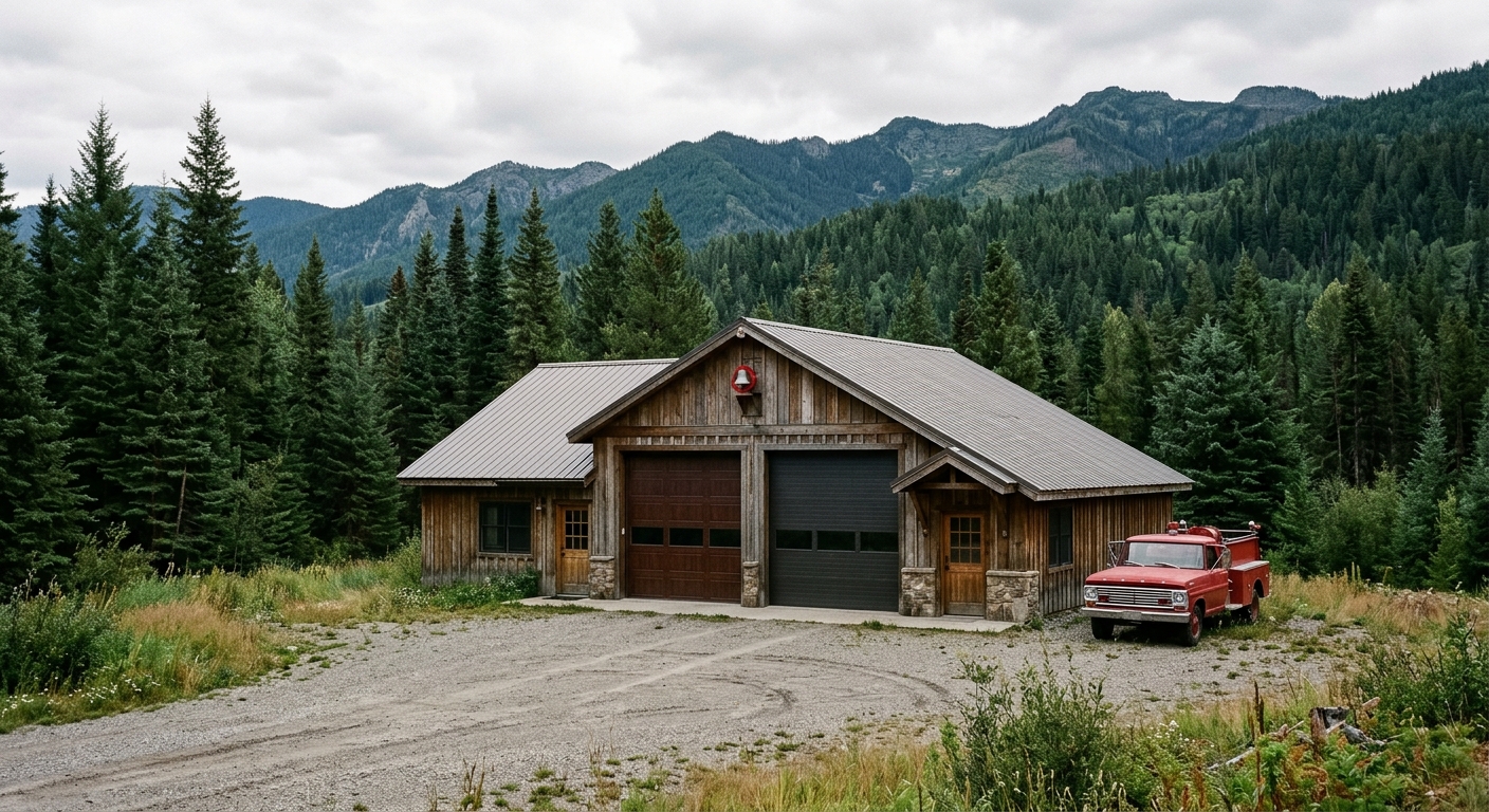 a quiet, unoccupied rural fire station with closed garage doors, set against a backdrop of dense evergreen trees and a rugged northern landscape, natural everyd