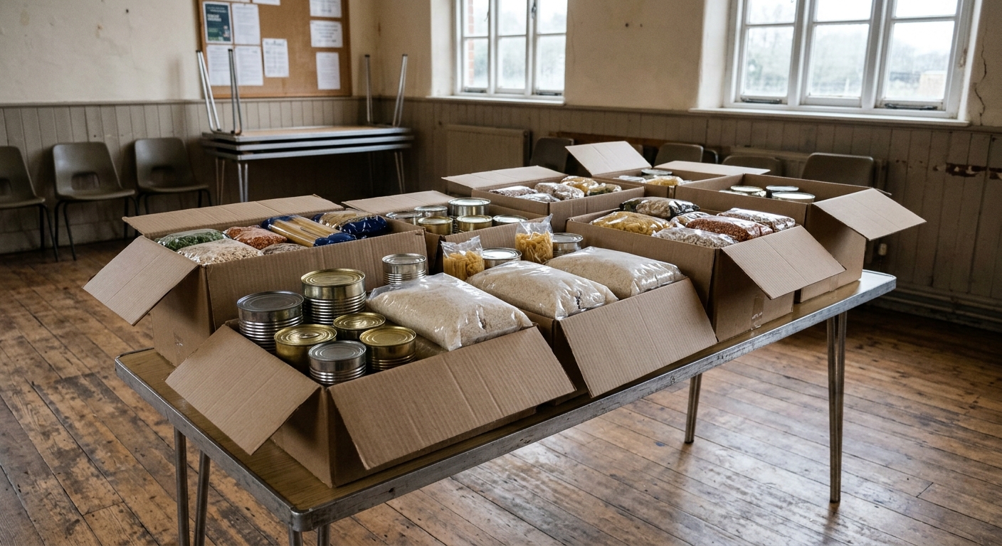 cardboard boxes filled with assorted unbranded canned goods, bags of rice, and basic groceries arranged on a folding table inside a modest community hall with w
