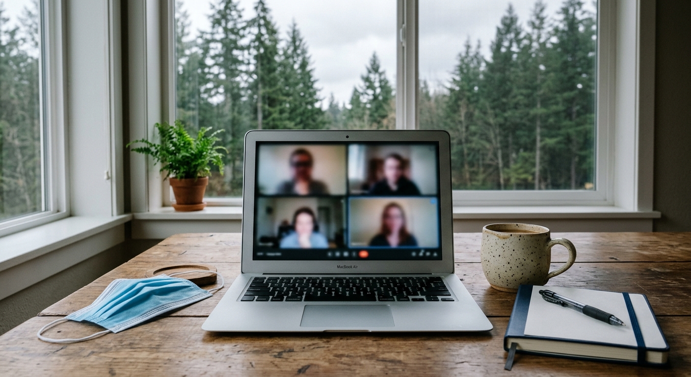 an open laptop on a wooden table displaying a blurred video conference call, sitting next to a ceramic mug, a notebook, and a medical face mask, with a window i